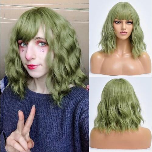 Short Green Wave Colored Daily Synthetic Wig For White Women With Bangs Cosplay Hair Heat Resistant Natural Fiber Female Wigs