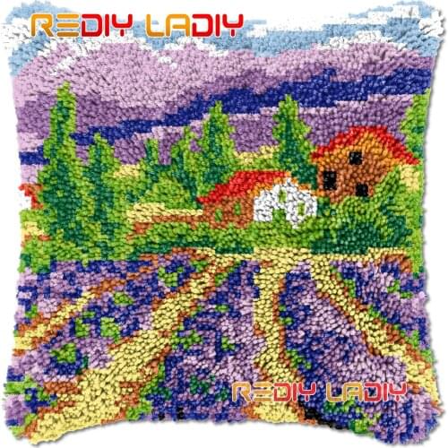Latch Hook Cushion Lavender Field DIY Needlepoint Kits Chunky Acrylic Yarn Arts Crocheting Lofty Pillow Case Hobby & Crafts