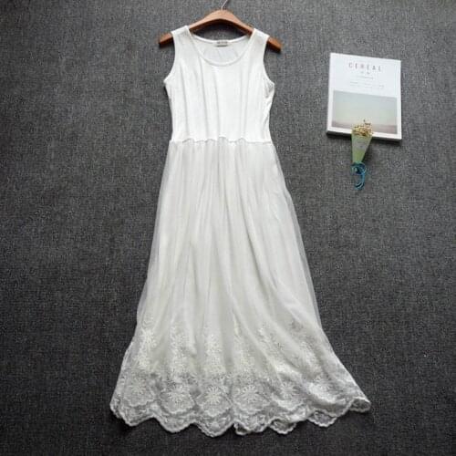 Summer Casual Sweet Floral Embroidery Dress Womens Sleeveless Sweet Soft Modal Lace Layer Black White Mori Girl Tank Dress U535