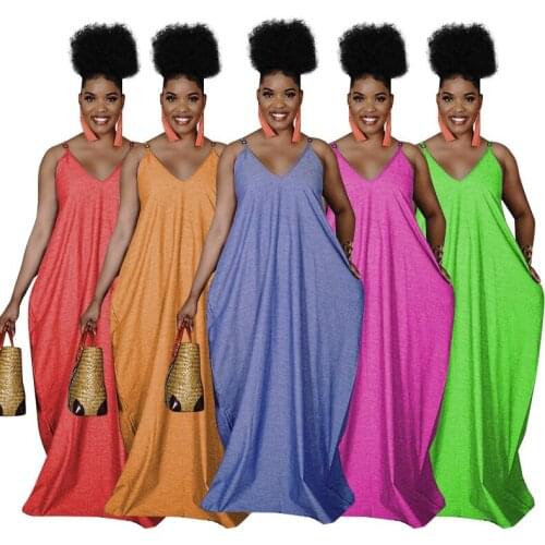 Summer Women Casual Dress with Pockets V Neck Sleeveless Loose Ladies Maxi Dresses Wholesale Backless Slip Dress Dropshipping
