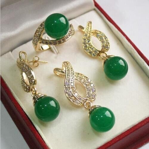 Hot selling@> free shipping green Natural stone Pendant Necklace Earrings rings jewelry set -Bride jewelry free shi