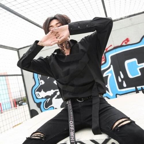 2021 New Men Long Sleeve Casual Shirts Fashion Male Punk Hip Hop Black Dress Shirt Stage Clothing Solid color Versatile