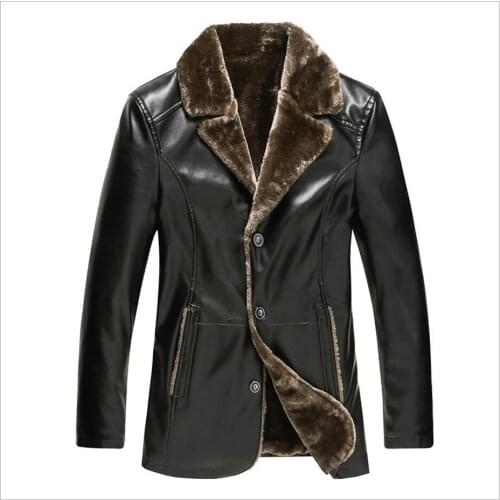 M-4xl Winter New Middle-aged Men Pu Leather Long Coat Plus Velvet Lapel Leather Jacket Fur Coat Windproof Warm Clothing
