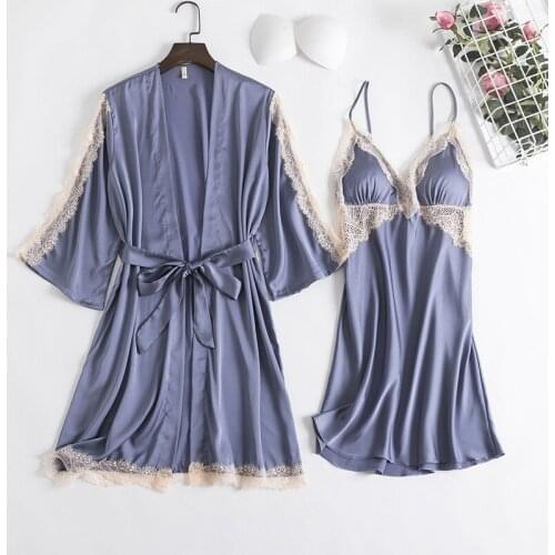2PCS Sleepwear Nightgown Sleep Suit Womens Nighty Robe Gown Sets Sexy Satin Spring New Lace Hollow Out Bathrobe Nighty Dress