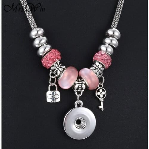 New 18mm Snap Button Jewelry Pendant Necklace for Women Rose Flower Love Heart Charms Handmade Beaded Snake Chain Snap Necklace