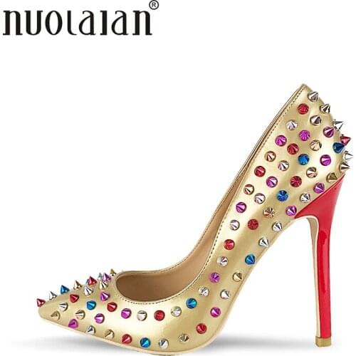 NEW ARRIVE Women Shoes Sexy Stilettos Wedding Shoes 12cm Rivet High Heels Party Pointed Toe Women Pumps