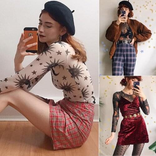 Sexy Women Sun Moon Printed See Through Transparent Mesh Crop Tops Black White Long Sleeve Sheer Slim Ladies Round Neck T-Shirt