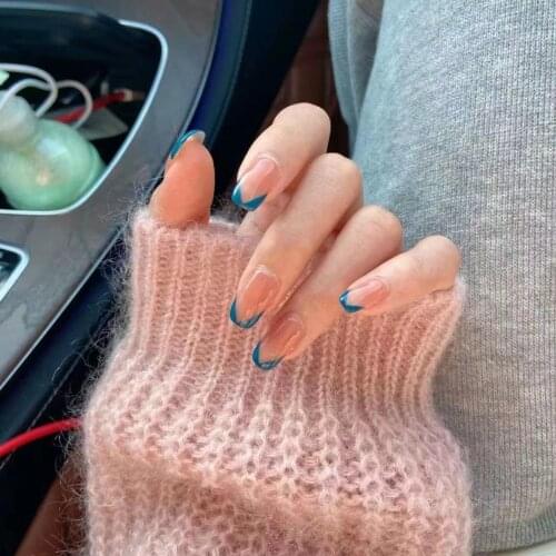 Translucent Small V Blue French Fake Nail Wearable Manicure Finished False Nails Removable Nail Patch 24pcs/box