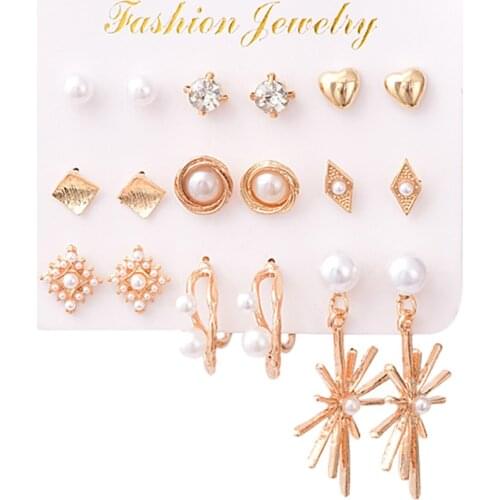 9 Pairs Pearl Crystal Golden Earrings Stud Earrings Set for Girls Jewel