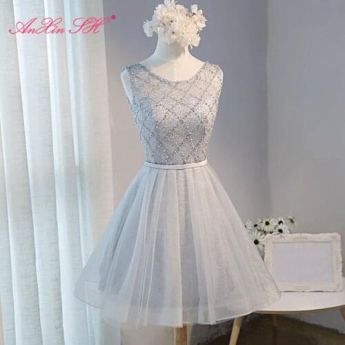 AnXin SH princess grey lace o neck Bridesmaid Dress champagne lace fashion beading pearls star a line pink Bridesmaid Dress