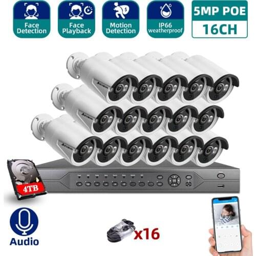 H.265 16CH 5MP 4K HD POE NVR Kit CCTV System IR Outdoor AI IP Camera P2P Video Security Surveillance Set 4TB HDD