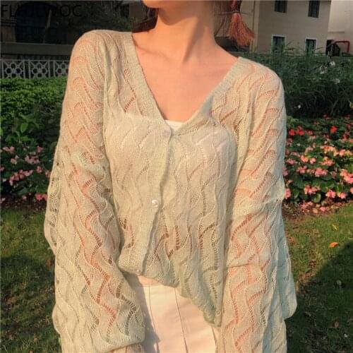 Loose Lazy Summer Sweet Soft Thin Knitted Openwork Cardigans Sunscreen Hollow Out Long-Sleeved Air-Conditioning Sweater Coats