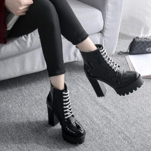 British autumn dance womens shoes 10cm high heel thick heel short waterproof platform Martin thick bottom patent leather