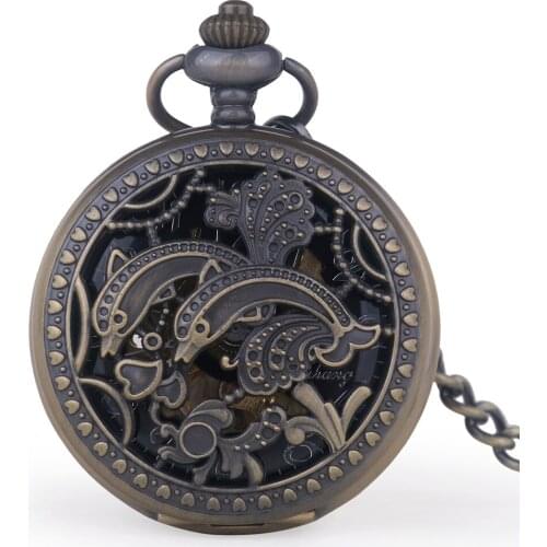 Vintage Bronze Dolphin Hollow Hand Wind Mechanical Pocket Watch Men Womens Watch Nice Gift