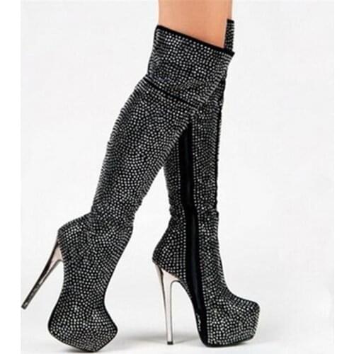 Women Luxury Bling Boots Niki Slouch Crystal-Embellished Leather Knee Booties Covered Cone Heels Diamonds Pointed Toe Botas