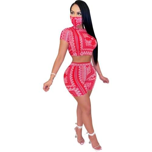 Cutubly Bandana Scarf Print Club Sexy Two Piece Set for Women Hollow Out With Mask Pants Set 2020 New Bandage Women 2 Pieces Set