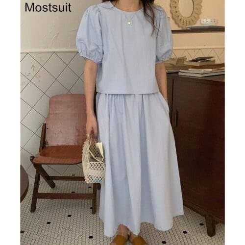 Solid Elegant Two Piece Skirt Set Women Puff Sleeve Tops + Elastic Waist A-line Long Skirt Matching Set Korean Fashion Skirt Set