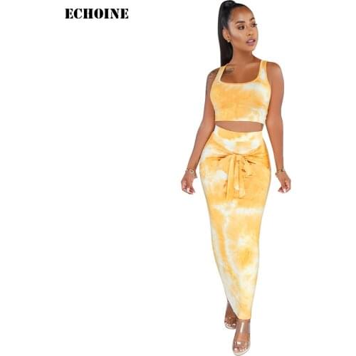 Women Sexy 2 Piece Set Tie Dye Print Skirt Set Sleeveless Crop Top and Long Pencil Skirt Lace Up Wrap Elegant Party Club Outfit