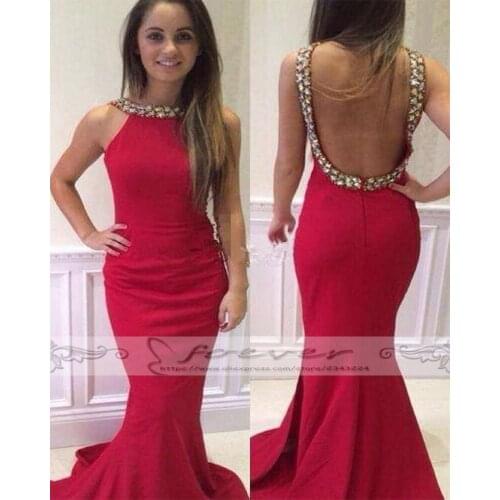 Fashionable Red Rhinestone Beaded Satin Prom Dresses Cheap Vestido De Formatura Backless Mermaid Formal Party Dress Custom Made