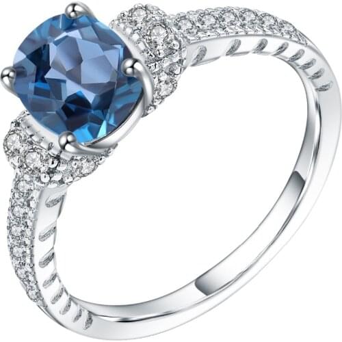 GEMS BALLET 100% 925 Sterling Silver Finger Rings For Women 1.57Ct Natural Oval London Blue Topaz Gemstone Ring Fine Jewelry