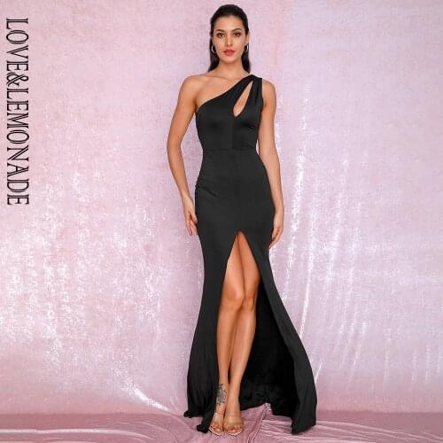 LOVE&LEMONADE Sexy Black One-Shoulder Cut Out Bodycon Elastic Material Split Party Maxi Dress LM81921