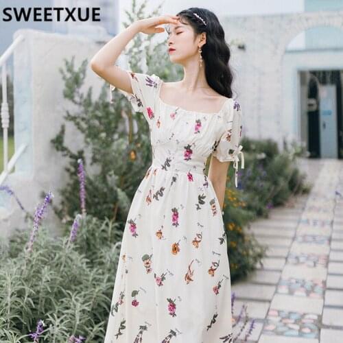 SWEETXUE Summer High-Waisted Vintage Floral French White Dress Square Neck Puff Sleeves Long Kawaii Lovely Print Chic Dress Lady