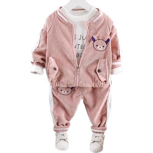100% Cotton Autumn Winter Baby Boy Girl Clothing Sets Kids Cartoon Bear Coat Letter Tshirt + Pants Children Casual Clothes 3Pcs