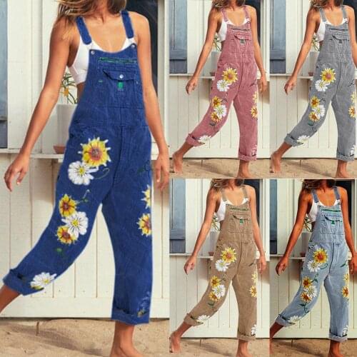 2020 Summer new Women Casual Bib Overall Dungarees Sunflower Print Pockets Denim Loose Overalls Playsuit Trousers Overalls