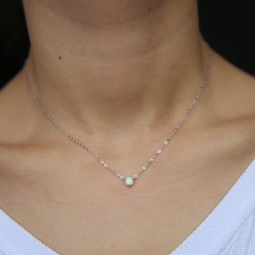 925 Sterling Silver delicate jewelry silver minimalist jewelry single 5mm white fire opal prong setting stone simple necklace