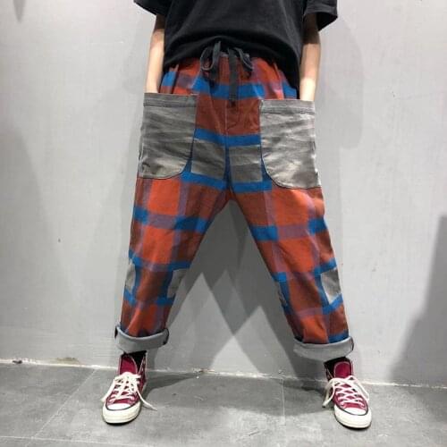 Women Spring Summer Plaid Scratched Vintage Loose Elastic Waist Pants Ladies Retro Washed Loose Casual Trousers Female Pants