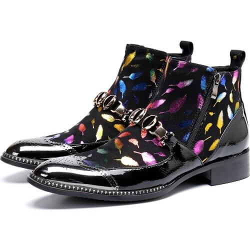 Christia Bella Printing Chain Men Shoes Genuine Leather Boots New Fashion Metal Round Toe Boots Big Size Zipper Ankle Boots