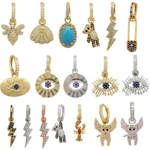 Small Hoop Earing Shell Evil Eye Safety Pin Pig Bee Bear Lightning Rainbow CZ Jewelry Gold Silver Color Drop Blue Stone Lobster