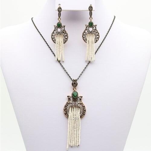 Vintage Turkish Bead Tulips Flower Jewelry Sets Tassel Earring Beaded Necklace Antique Gold Color Ethnic Bride Wedding Jewelry