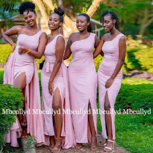 New Arrival Light Pink Bridesmaid Dresses A Line Side Slit Ankle Length Nigeria Wedding Party Dress Evening Gown Plus Size