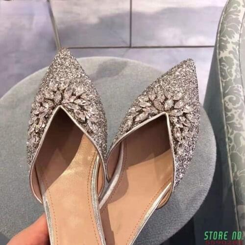 New Summer 2020 Womens Slipper Silver Sequin Rhinestone Closed Toe Ladies Fashion Pointed Toe Flat Heel Bling Slippers women