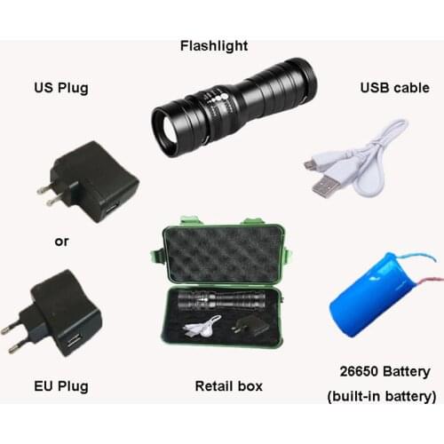 New Desing High Power USB XML T6 LED Torch Zoomable LED Hunting Flashlight torch light for 26650 battery with RETAIL BOX