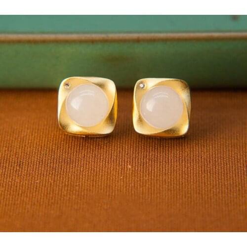 New Silver Natural Hetian White Chalcedony Earrings Decorated With Chinese Retro Frosty Womens Charm Temperament Brand Jewelry