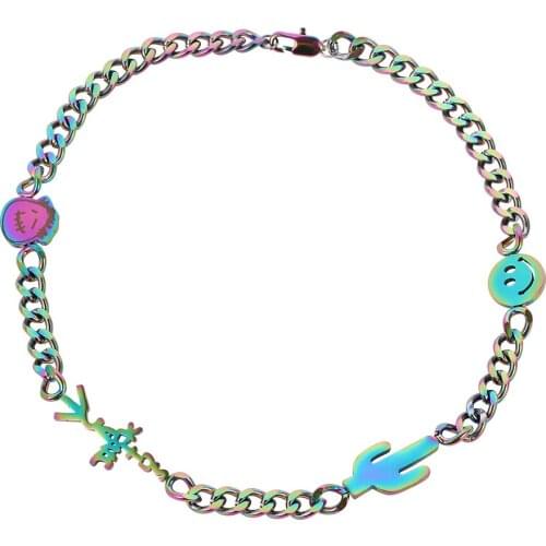 Smiling Face Hip Hop Quenched Necklace Travis Scott Cactus Jack Cuban Chain Stainless Steel Jewelry Harajuku Collier Wholesale