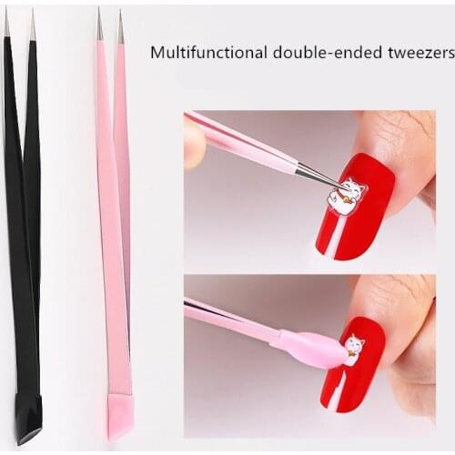 Nail Tweezer Rhinestone Nipper Sequins Picking with Silicone Pressing 2 Head Sticker Nail Antistatic Straight Metal Tweezer Tool