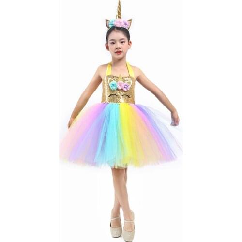 Girls Unicorn Dress Costume Pastel Sequins Kids Rainbow Unicorn Tutu Dress for Girls Birthday Party Christmas Halloween Clothing