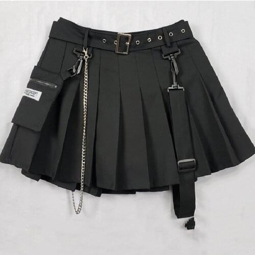 Casual Women Mini Skirt Ladies Summer Korean Harajuku High Waist A-Line Solid Chain Belt Pleated Skirts Gothic Black Streetwear