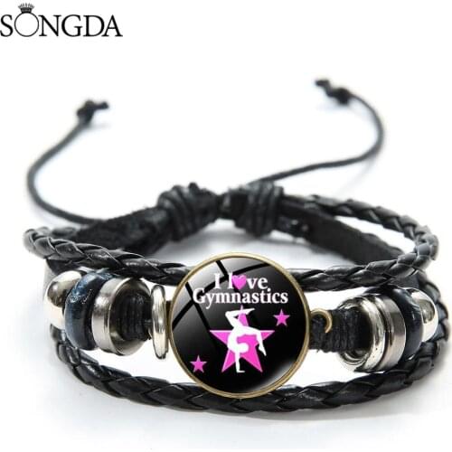 I Love Gymnastics Gym Sports Bracelet Gymnast Adjustable Wood Beads Wrap Woven Leather Bracelets & Bangles Women Jewelry