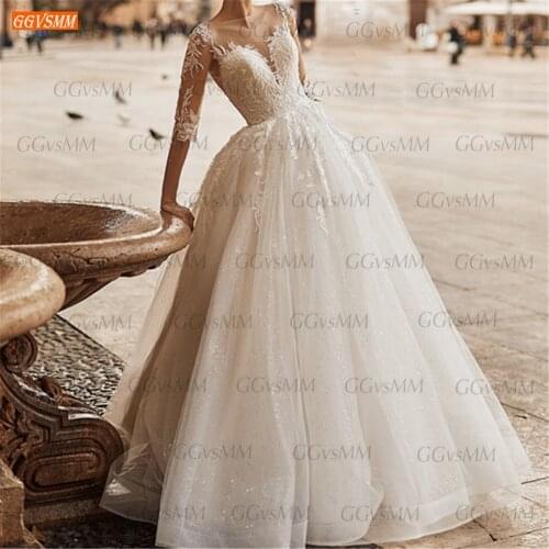 Elegant White Wedding Dress 2021 Three Quarter V-neck Custom Made zipper Floral Print robe de mariée Appliques lace A-LINE
