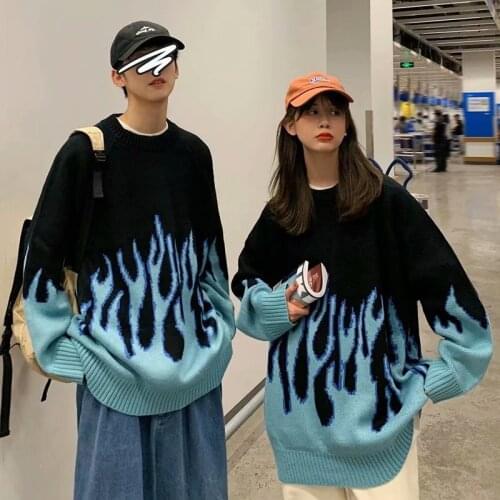 Womens Harajuku Korean Style Fashion Streetwear Flame Long Sleeve Knitted Fall Winter Sweater Tops Pullovers Womens Clothes