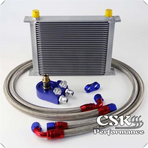 Universal 30 Row 248mm AN10 Engine Transmission Oil Cooler British Type + Aluminum Filter Adapter Kit Blue