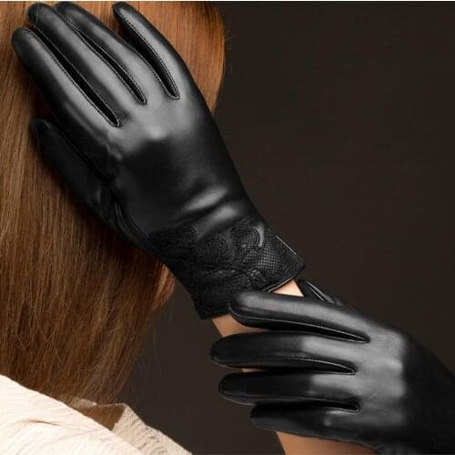 High Quality Genuine Leather Gloves Women Fashion Black Lace Embroidery Sheepskin Gloves Winter Driving Glove NW057-5