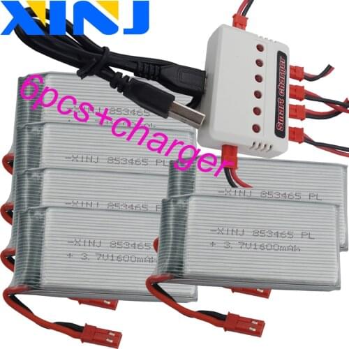 XINJ 6pcs+Charger 3.7V 1600 mAh 25C 853465 JST Plug Polymer Li Battery For YX693-1 YX709-1 JJRC H11C H11D RC Quadcopter Drone