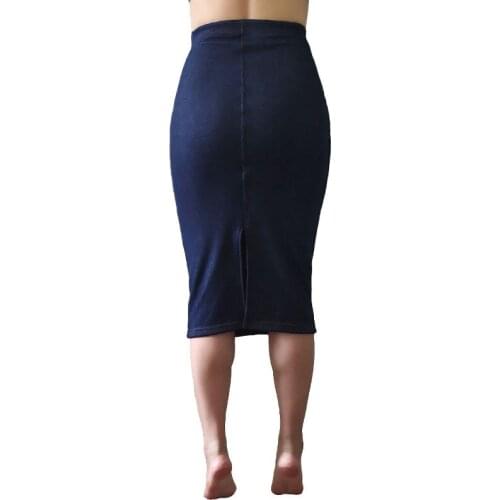 Imitation Denim Skirt Woman Party Elastic Half Length Mid Back Slit And Velvet Arm