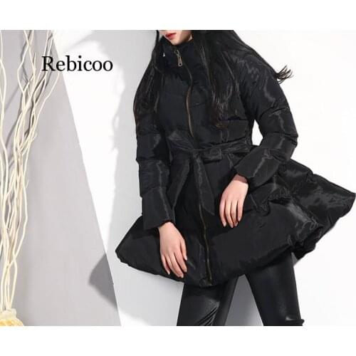 Bandage Waist A-line Black Cotton Clothing For Women Winter Long Sleeve Turtleneck Zipper Cotton Padded