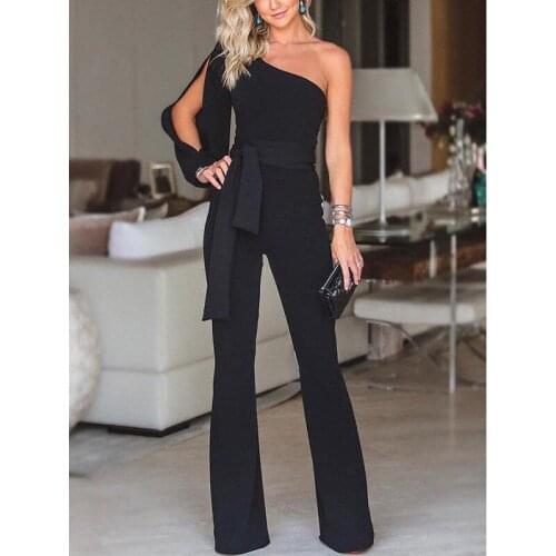 OL Style Women One Shoulder Jumpsuit Office Lady Long Sleeve High Waisted Long Trousers Romper Solid Drawstring Waist Jumpsuit